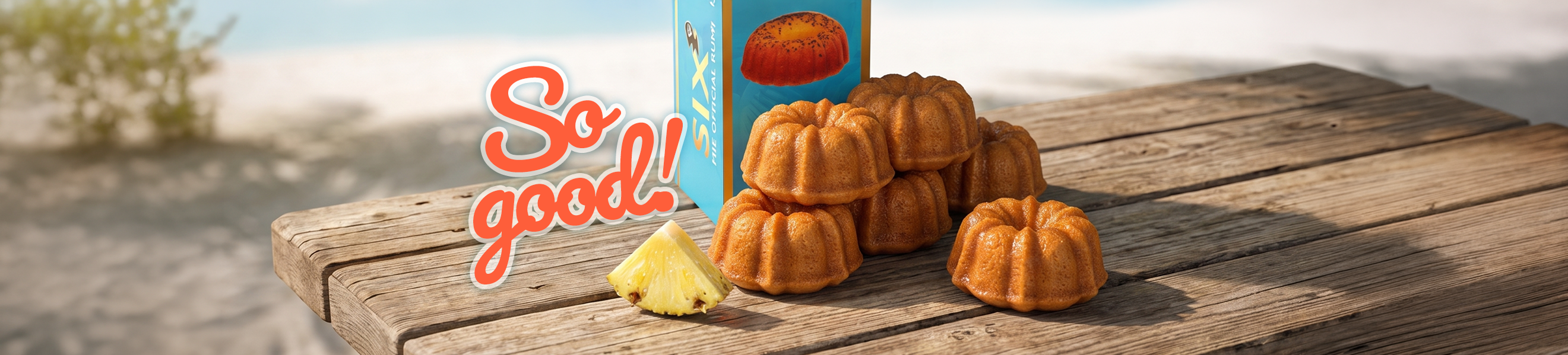 Pineapple rum cakes stacked on a rustic wooden table next to a pineapple slice and a six pack, with a large 'So good!' text overlay on a Nassau beach background.